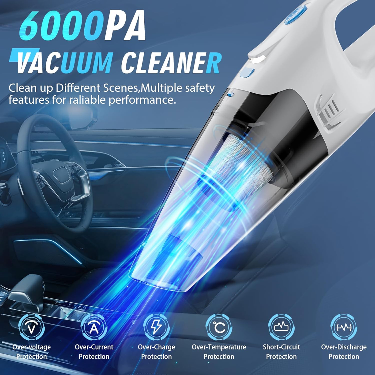 FUOAYOC 6000Pa Handheld Vacuum Cleaner – Powerful Suction with Multiple Safety Protections Including Over-Voltage, Over-Current, Over-Charge, Over-Temperature, Short-Circuit, and Over-Discharge Features for Reliable Performance in Various Cleaning Scenarios.