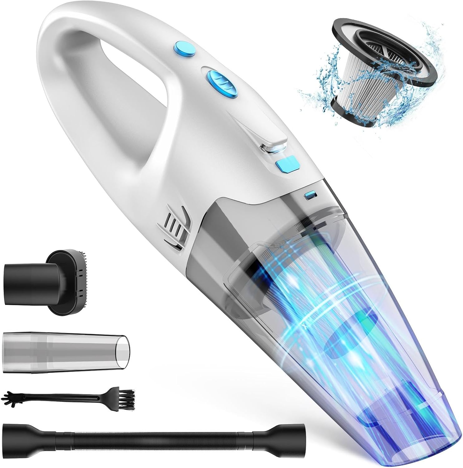 FUOAYOC Handheld Cordless Vacuum Cleaner in White with Blue Accents – Portable and Lightweight Design Featuring a Washable HEPA Filter, Multiple Attachments, and LED Indicator for Home, Car, and Office Cleaning.