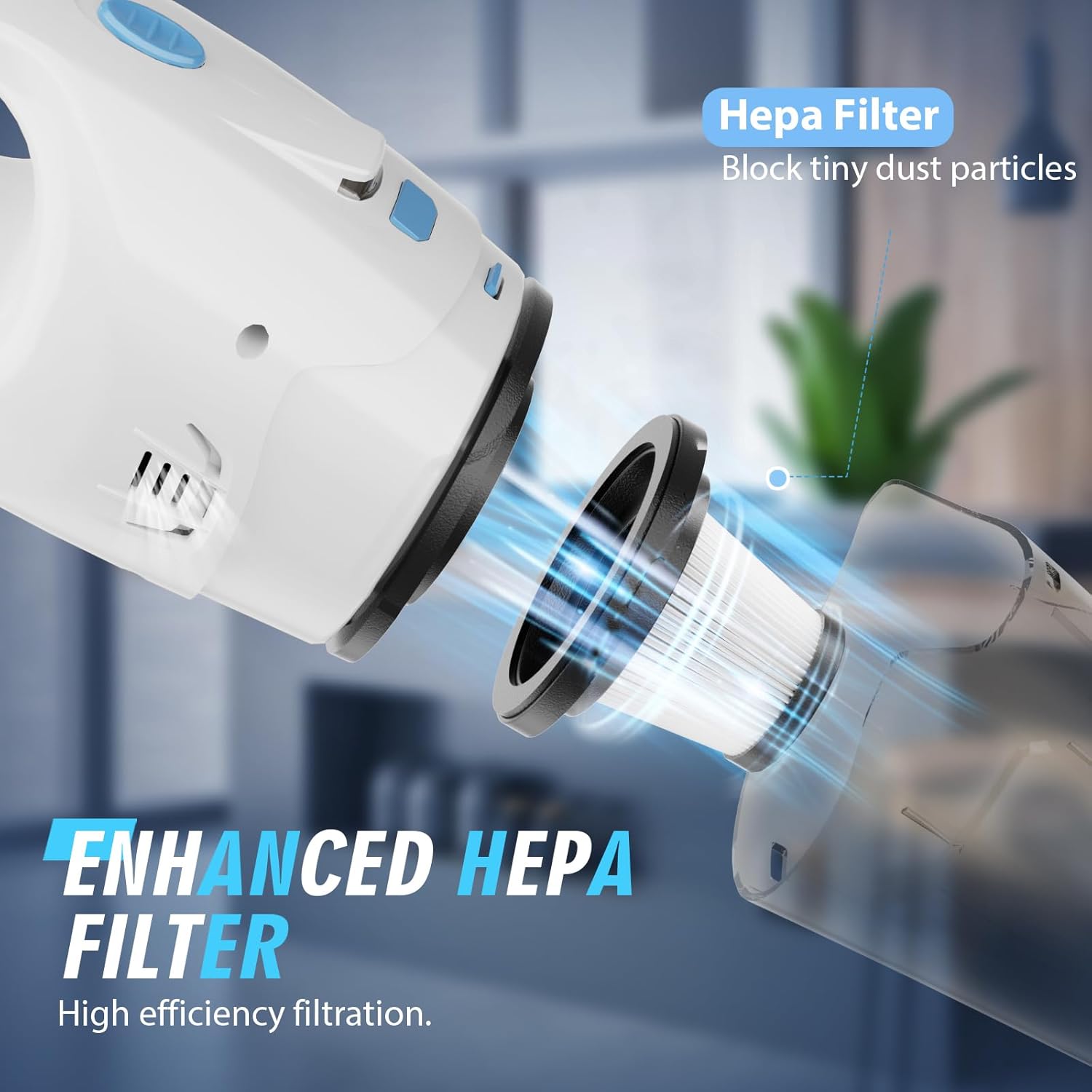 FUOAYOC Handheld Vacuum Cleaner Highlighting Enhanced HEPA Filter – High-Efficiency Filtration System Designed to Block Tiny Dust Particles for Cleaner Air and Improved Performance.