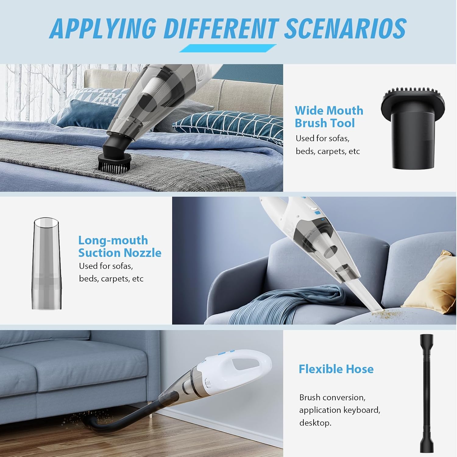 FUOAYOC Handheld Vacuum Cleaner Showcasing Versatile Attachments – Wide Mouth Brush Tool for Sofas and Carpets, Long-Mouth Suction Nozzle for Tight Spaces, and Flexible Hose for Hard-to-Reach Areas, Perfect for Various Cleaning Scenarios.