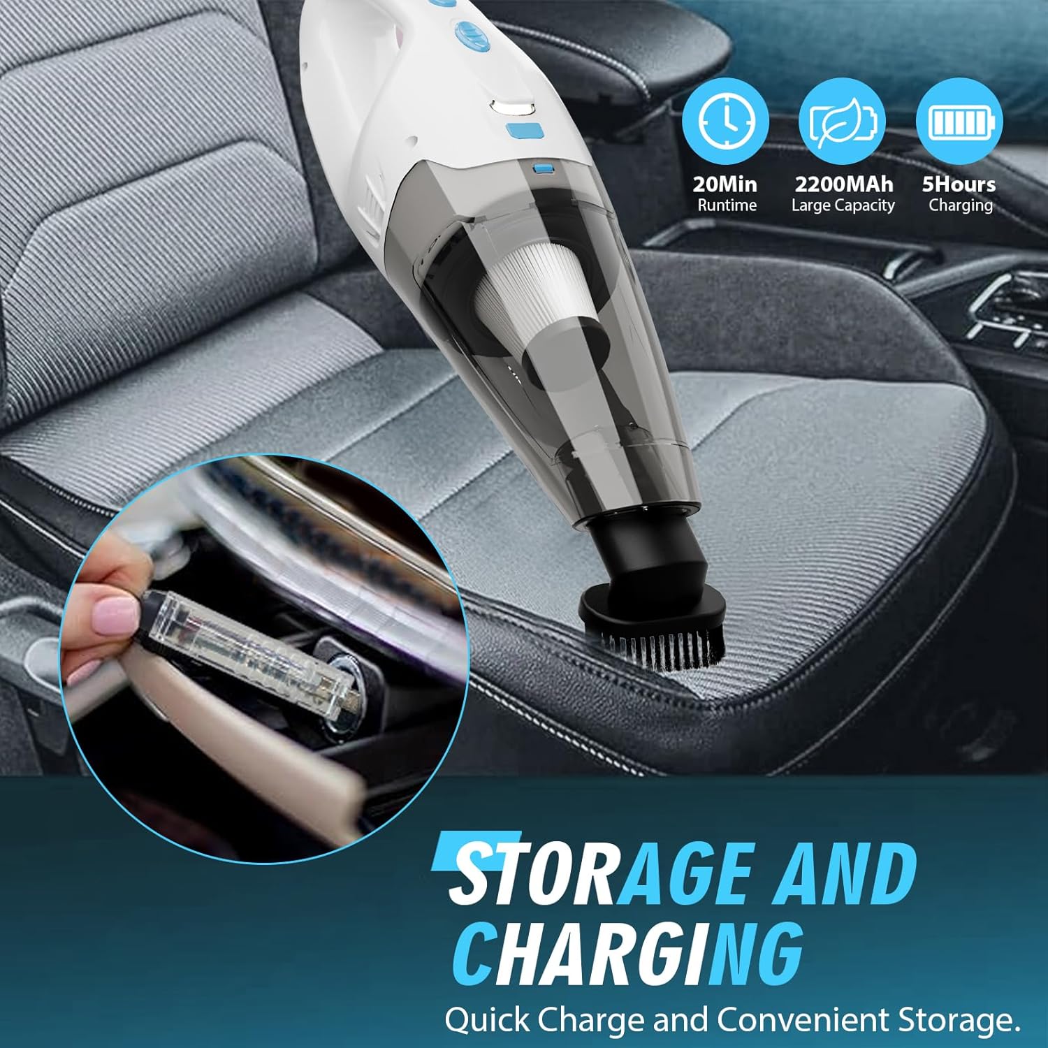 FUOAYOC Handheld Vacuum Cleaner Emphasizing Storage and Charging Features – Includes 2200mAh Battery with 20-Minute Runtime, 5-Hour Charging Time, and Compact Design for Quick Charge and Convenient Storage.