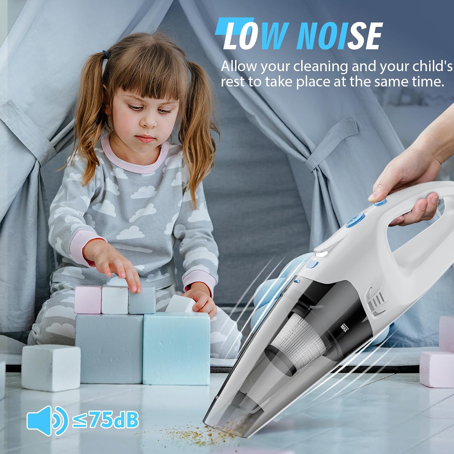 FUOAYOC Handheld Vacuum Cleaner Demonstrating Low-Noise Operation – Quiet Cleaning with ≤75dB Sound Level, Ideal for Maintaining a Peaceful Environment While Children Play or Rest.