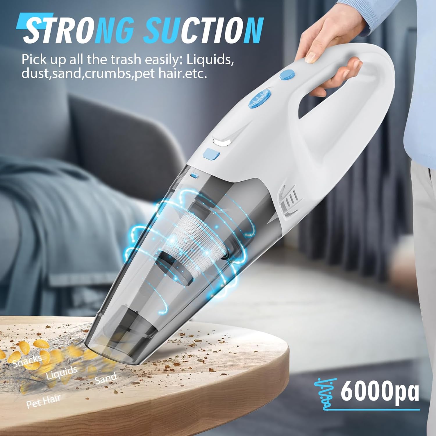 FUOAYOC Handheld Vacuum Cleaner Highlighting Strong Suction Power – 6000Pa Suction Capability for Effortlessly Cleaning Liquids, Dust, Sand, Crumbs, and Pet Hair from Various Surfaces.