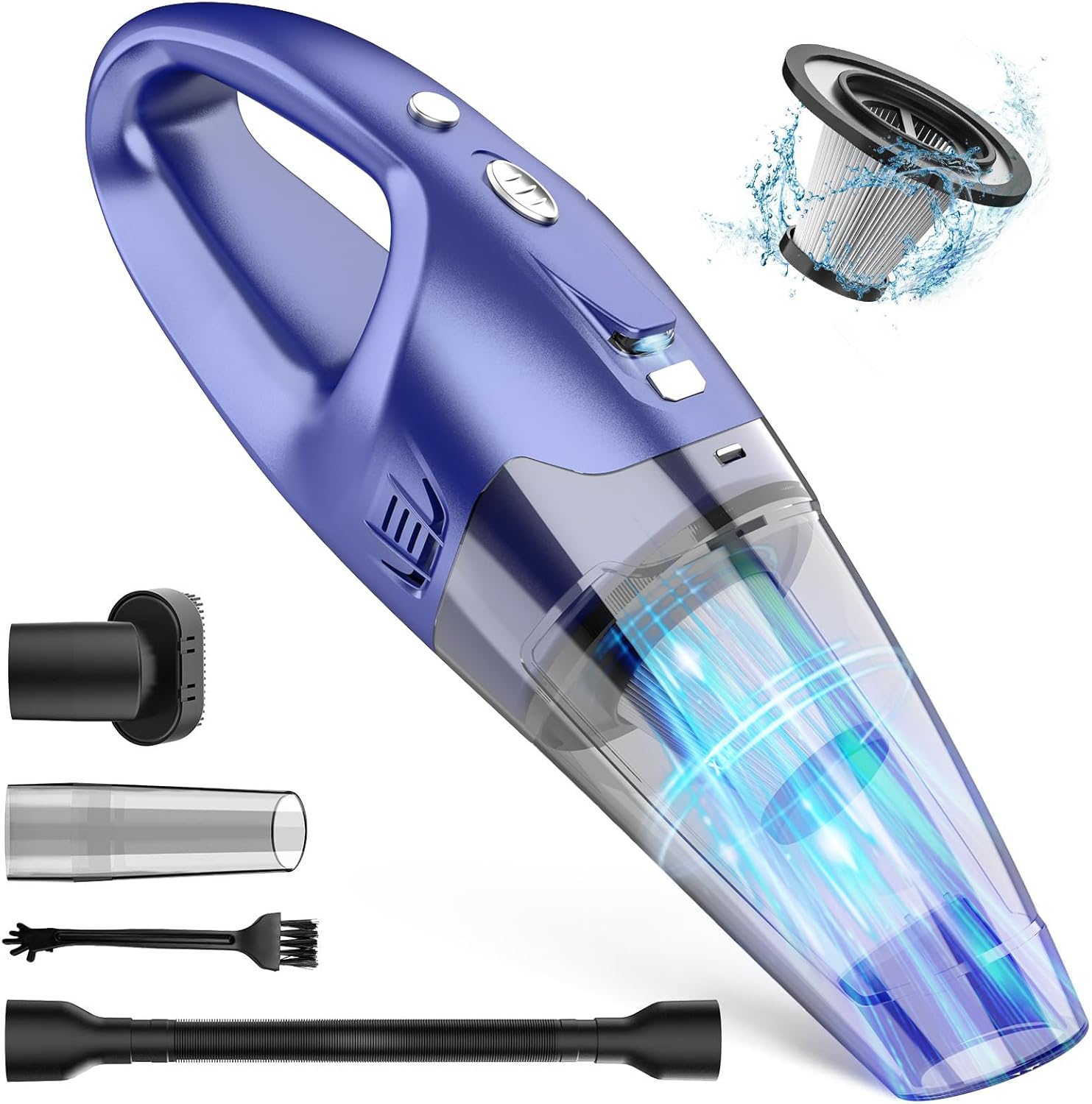 FUOAYOC Handheld Vacuum Cleaner in Blue with Washable HEPA Filter – Portable and Lightweight Design Featuring Multiple Attachments for Versatile Cleaning of Home, Car, and Office Spaces.